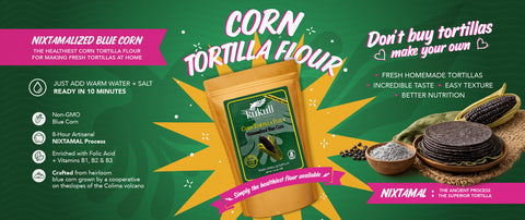 Corn tortilla flour package with promotional text on a green background